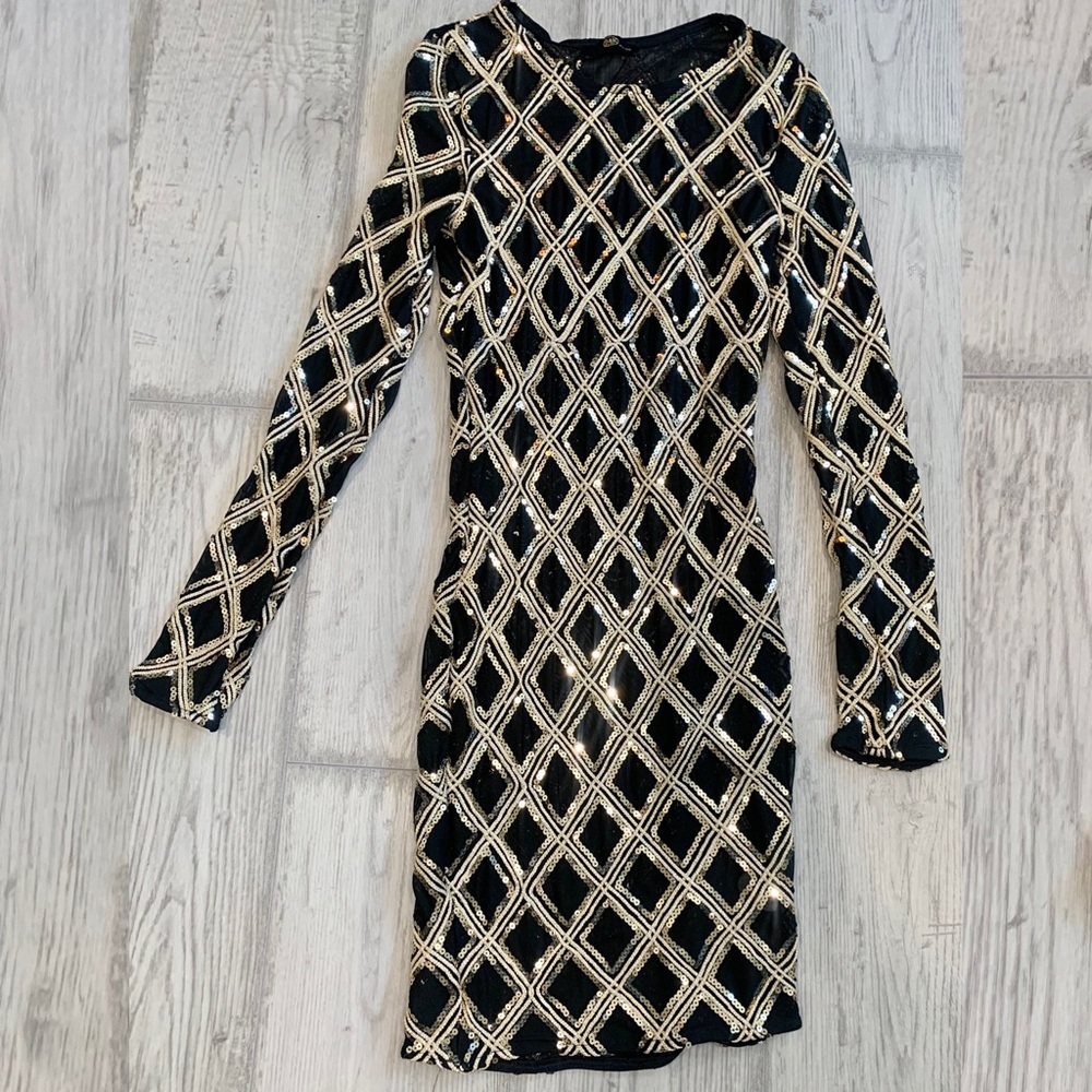 Sheer mesh sequined bodycon black gold dress Party